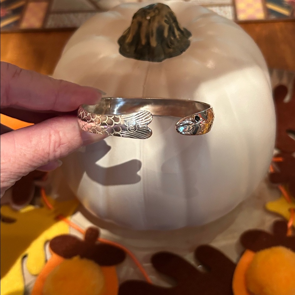 Vintage Eden Hand Arts Herring Fish Bracelet Sterling Silver Dk Green Eye *Note*